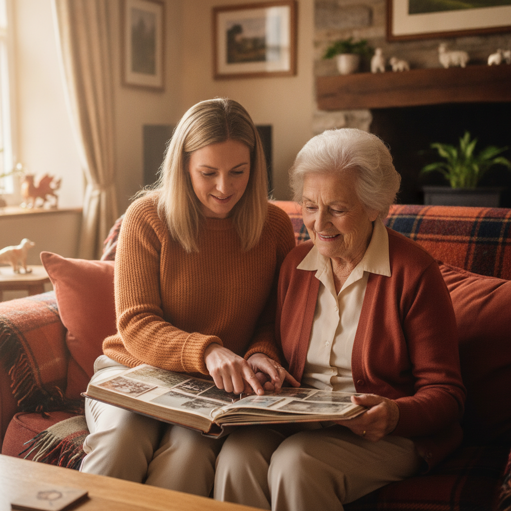 An Amber Rose carer helping a client with a photo album