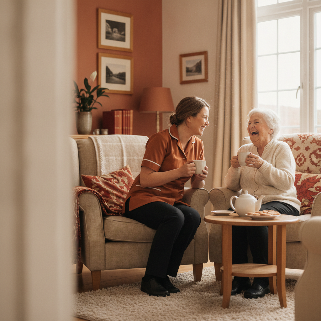 An Amber Rose carer laughing over tea with a client in Cardiff